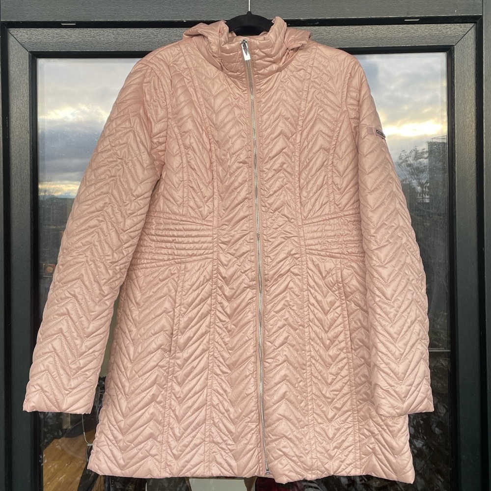 Via Spiga rose gold pink rain coat full zip with hood